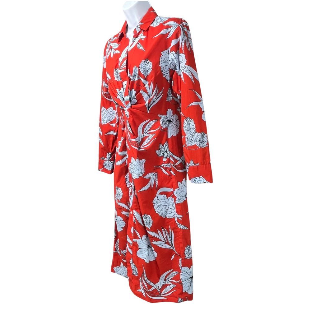 Zara Women's XS Red Floral Twist-Front Long Sleeve Button-Up Shirt Midi Dress - Picture 3 of 8